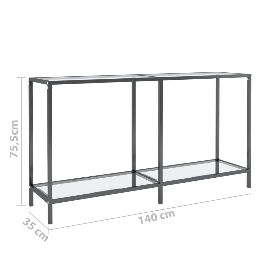Stolik konsolowy przezroczysty z hartowanego szkła, 140 x 35 x 75,5 cm, z malowaną proszkowo stalową ramą, wąski stolik z półką i miejscem do przechowywania do salonu, korytarza, biura