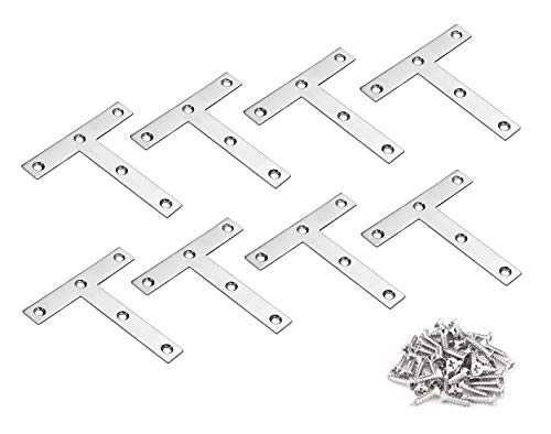 TERF® 8 Pcs Zinc Plated Steel 75mm X 75mm Flat '' T '' Shape Angel Corner Brace Bracket Joining Fixing Self Support Repair Mending Plates with Fixing Screw