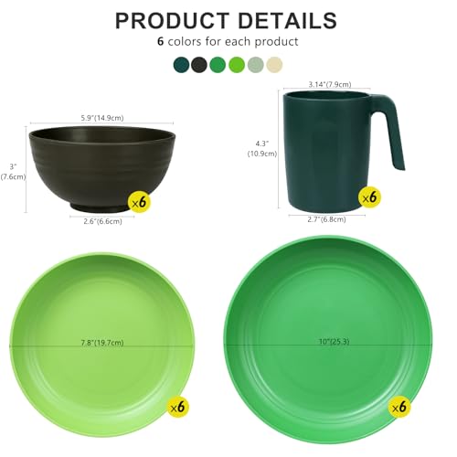 Greentainer Unbreakable Plastic Dinnerware Sets, 24PCS Lightweight Camping Tableware, Microwave& Dishwasher Safe Plates Set, Bowls, Cups Mugs, Service for 6, Great for Kids & Adults - Image 2