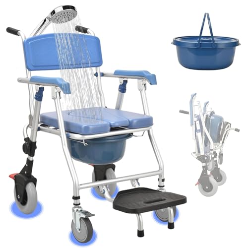 Sedia Doccia per Disabili e Anziani con Ruote, Sedia WC Comoda per Anziani Disabili, Sedia da Toilette Mobile con Freno e Vasino, Regolabile in Altezza (Blu, 63 x 55 x 90 cm)