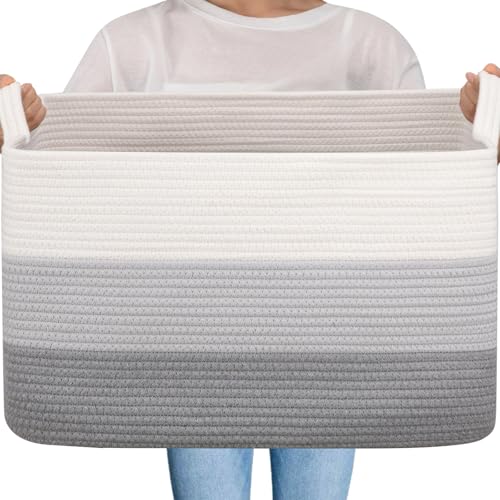 Image of OIAHOMY Large Blanket Basket, 65L Cotton Rope Woven Laundry Basket, Toy Bin for Baby Room, Container for Blanket Storage in Living Room, 20''×16''×12'', Gradient Grey