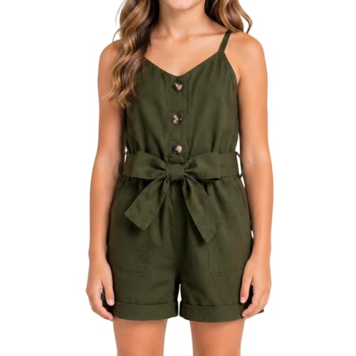 ODIMAME Girl Summer Romper – V‑Neck Strappy Jumpsuit in Fresh Green, Sizes 10‑12