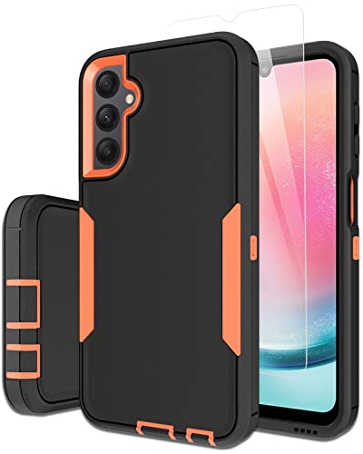 Dahkoiz for Samsung Galaxy A24 4G Case, with Glass Screen Protector, Dustproof Port Cover, Magnetic Car Mount Support, Full-Body Silicone Rubber Drop-Proof Non-Slip Phone Case, Orange/Black
