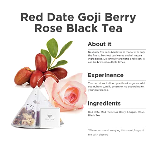 Nestlady Red Date Goji Berry Rose Black Tea, Red Dates, Red Rice, Goji Berry, Longan, Rose, Qimen Black Tea Combination Tea, Herbal Tea, Flower Tea, 五红悦颜茶, Healthy Nourishing Tea Bags 20 Bags (140G, 7G/Bag)… #TOP1