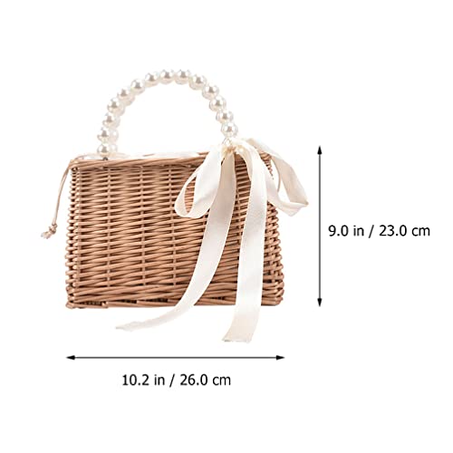 Image of KESYOO Pearl Straw Handbag Beach Bag for Women with Drawstring Closure Portable Tote for Vacation Shopping Outdoor Travel 9.05 X 5.90 X 4.72 in