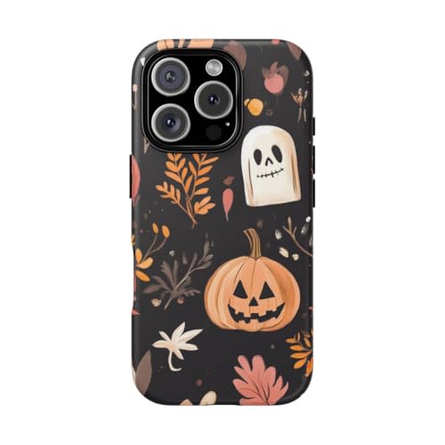 Coque rigide mate iPhone 16 Pro noire motif citrouille fantôme Halloween robuste