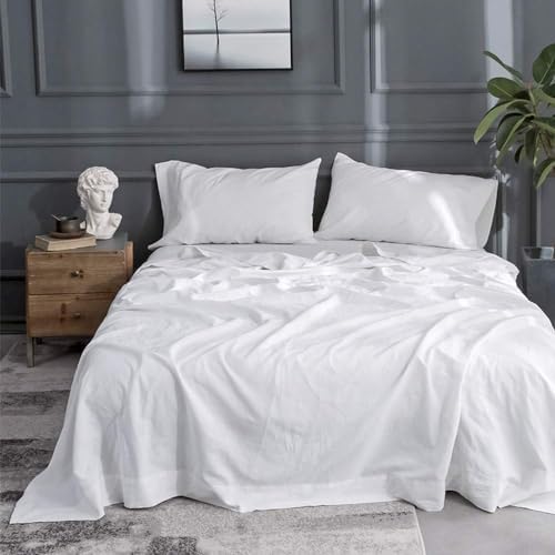 Simple&Opulence Belgian Linen Sheet Set Solid Color - 4 Pieces (1 Flat Sheet, 1 Fitted Sheet & 2 Pillowcases) Natural Flax Cotton Blend Soft Breathable Farmhouse Bedding - Queen Size, White - Thumbnail 4