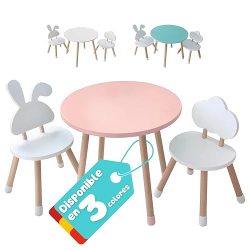 KYWAI® Mesa y Silla Infantil - Conjunto de Mesa Redonda y Dos Sillas. Robusto diseño en Madera de Pino. Ideal para Juegos, Creatividad y Aprendizaje Seguro (Rosa)