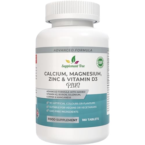 Calcium Magnesium Zinc and Vitamin D Plus Vitamin K2 MK-7 Supplement - 180 Vegan Tablets - High Strength Calcium Tablets Complex with Vitamin K2 Copper Manganese Selenium & Boron - UK Made
