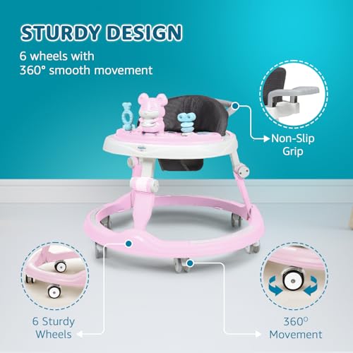 Image of Amazon Brand - Supples Baby Walker (Musical) | Kids Walker with Toys | Baby Walkers for Boys & Girls 9+ Months | Adjustable Height Walker with RGB Lights | Birthday Gift for 1 Year Old | Pink & White
