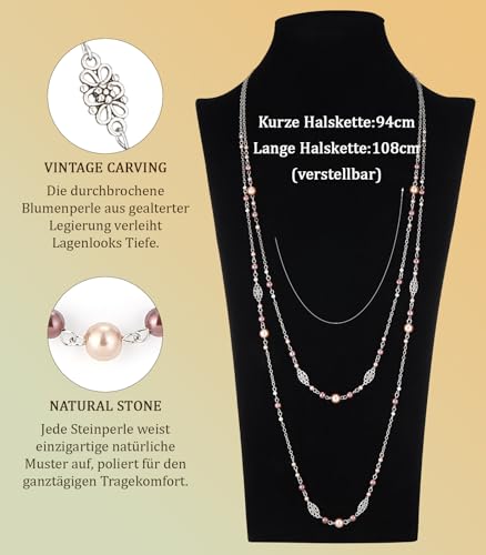 Dazylleco Silber Lange Perlenkette Damen Halskette Statement Lang Doppelsträngige Modeschmuck Muttertagsgeschenk für Mama(Champagne)