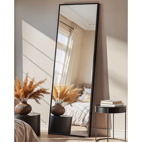 Full Length Mirror, 56″ x 15″ Standing Large Floor Mirror with Aluminum Frame for Bedroom, Living Room, Bathroom（Black