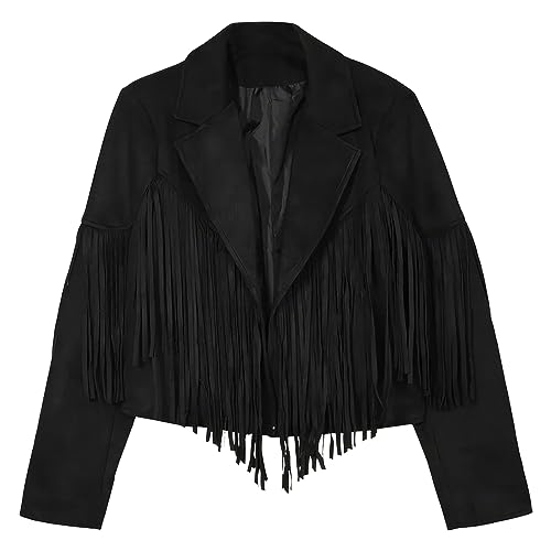 Women's Black Genuine Suede Tassel Fringe Cropped Leather Jacket Lapel Long Sleeve Biker Vintage Classic Native American