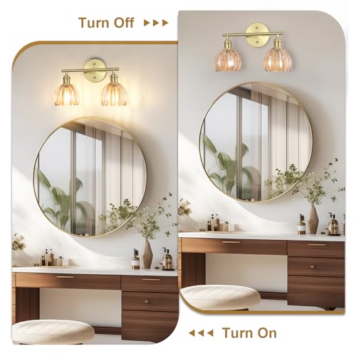 Image of Vintage Bathroom Light fixtures, Gold Vanity Lights, ETL Certified | 14.57 in, Amber Tulip Glass Shade, Hardwired Bathroom Vanity Light, E26 Socket, Bulbs Not Included
