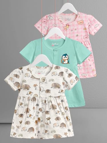 Image of HELLCAT 100% Cotton Baby Frock Dress for Girls - Pack of 3, Soft & Trendy, Short Sleeve