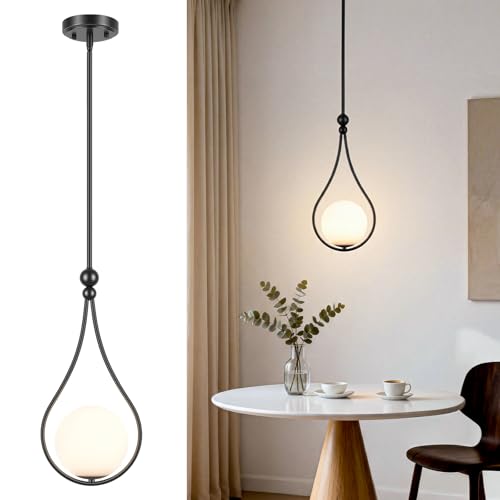 Image of Black Pendant Lights Kitchen Island, Milky White Globe Glass, 1 Pack