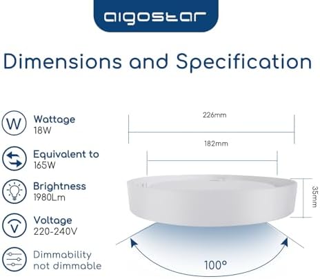 Aigostar Ultra-Thin 18W Round Surface Mounted LED Ceiling Lights, 1980Lumen Warm White 3000K, LED Panel Ceiling Lamp for Living Room, Kitchen, Bulkhead, Porch, Bedroom, and Utility Room
