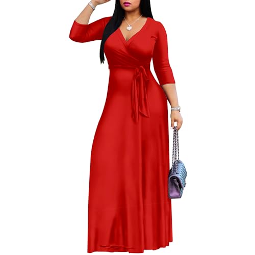 Image of Mrskoala Women Plus Size Long Maxi Wrap Dresses Summer Sundress V-Neck 3 /4 Sleeve