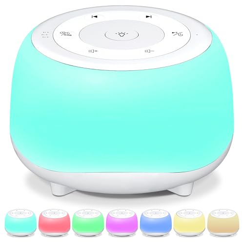 Image of HEYAXA White Noise Sound Machine with 7 Colors Night Light 34 Soothing Sounds, Portable Sound Machine for Baby Adults Kids Sleep with 30 Volume Levels 4 Timers Adjustable Brightness (White)