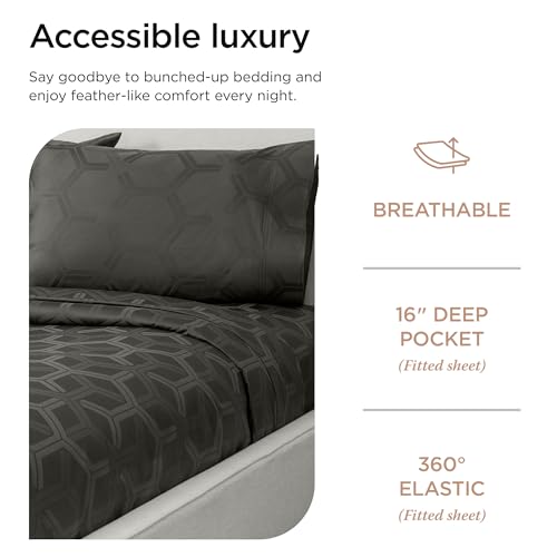 Image of Threadmill 100% Cotton Sheets for Full Size Bed - 600 Thread Count Full Bed Sheets Set with 16 inch Deep Pocket - Jacquard Sateen Weave 4-Piece Bedding Set with Cooling Effect, Dark Grey