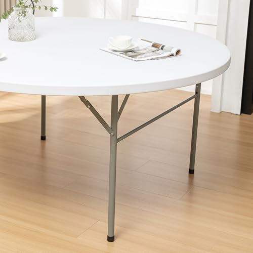 Image of BTEXPERT 60 Inch Round Plastic Folding Table, Commercial Grade, Seats 8-10, Indoor Outdoor Banquet Wedding Party Event Dining White