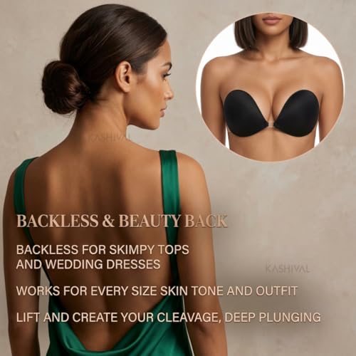 Image of KASHIVAL Women's Strapless Adhesive Bra, Reusable Silicone Push-Up Sticky Bra with Front Clip Closure for Backless and Halter Neck Outfits Fee Size