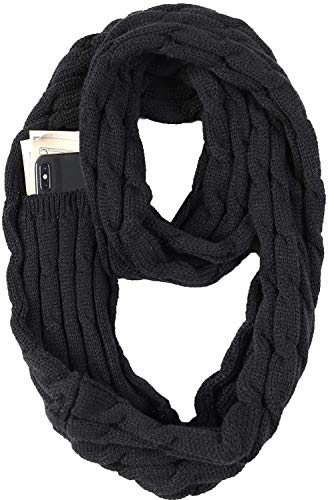 JOKHOO Winter Soft Knit Infinity Scarf,with Hidden Zipper Pocket (Black)