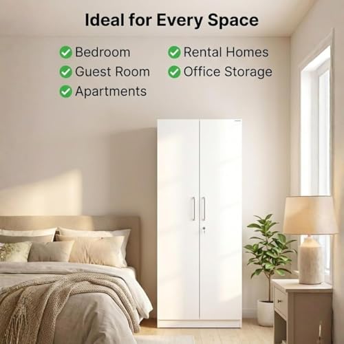 Image of AAVATAR 2-Door Wood Wardrobe with Shelves and Hanging Space for Bedroom, Wood Wardrobe for Clothes, 2 Door Wardrobe Without Mirror (Colour - White, Size 75 X 30 X 19 Inch)