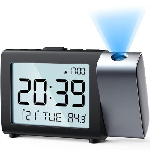 Image of Projection Alarm Clock for Bedroom: Digital LCD Clock with Temperature Date Snooze 12 /24H and Weekend Mode, Easy Set Dimmer Clock with 2-Levels Volume, Mains and Battery Operated (Blue)