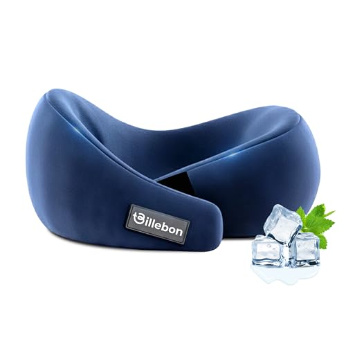 Image of Billebon Gel Infused Memory Foam Neck Pillow, Travel Pillow with Adjustable Velcro Straps, Neck Pillow for Travelling & Flight Travel, Ergonomic Support for Comfort & Pain Relief (Navy Blue)