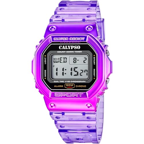 CALYPSO Reloj Digital Hombre y Mujer - Unisex de Caucho Morado - Resistente al Agua 5 ATM Fecha y Calendario, Cronógrafo, Doble Horario, Luz, Alarma, 12 y 24 Horas K5874/2 - Color Splash