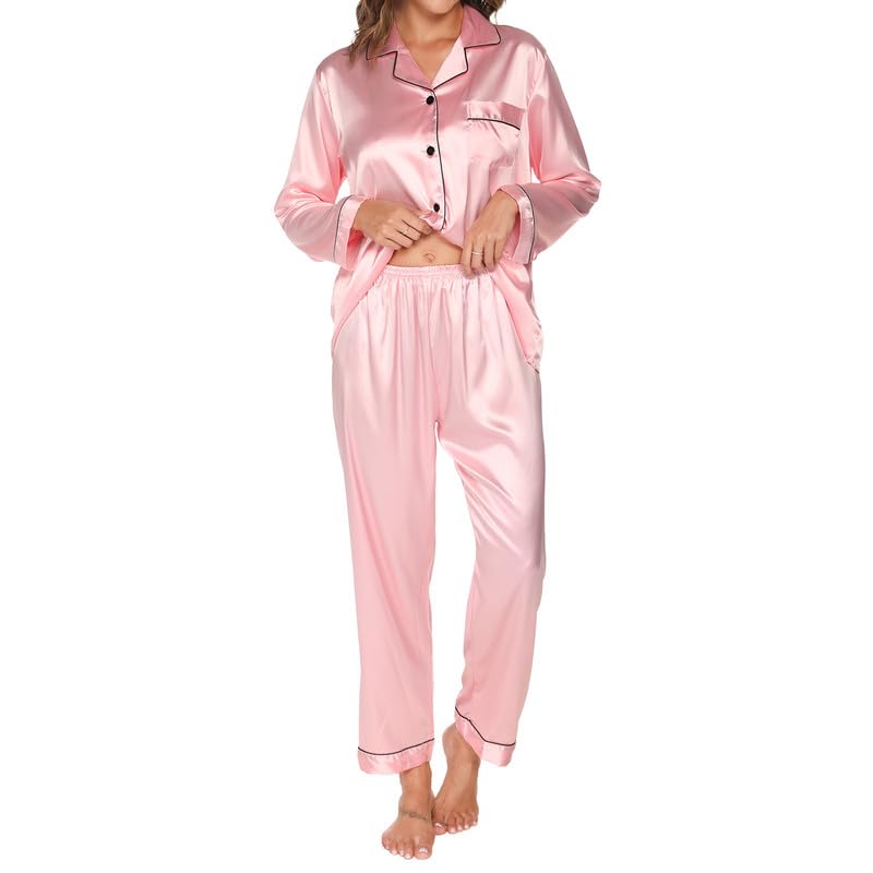 TeJoyce Pijama de Seda Largo para Mujer, Ropa de Dormir de Satén de Dos Piezas, Conjunto Loungewear de Raso de Manga Larga con Botones y Pantalón, Ropa de Casa Elegante y Cómodo de Invierno S-XXL