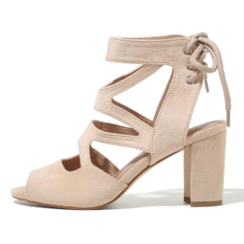 Image of fereshte Women's Lace-Up Gladiator Sandals, Block Heel Open Toe Strappy Shoes