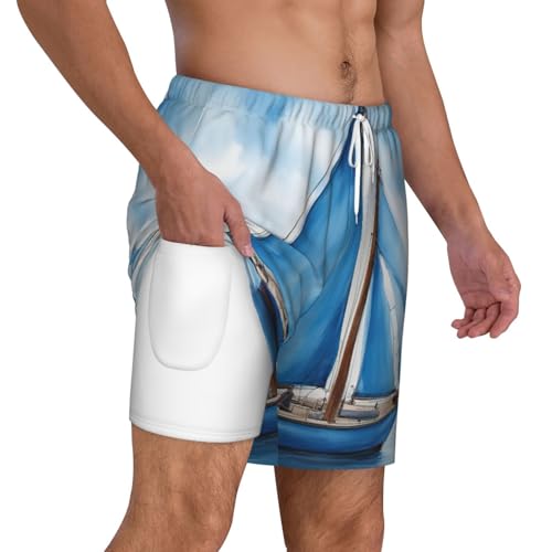Men's Blue Sailboat Print Quick-Dry Mesh Swim Trunks Stretch Lining Beach Shorts Surfing Summer Vacations