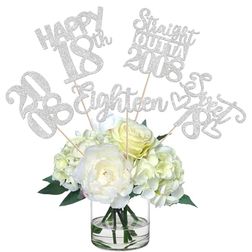15 PCS 18th Birthday Centerpiece Sticks Eighteen Happy 18 Straight Outta 2008 Table Flower Centerpieces Sticks Cheers to 18 Floral Decorations for 18th Birthday Party Centerpieces Supplies Silver