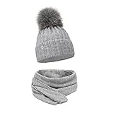 ELIMELI Winter Mütze Damenmütze mit Fell-Bommel - warme Damen Bommelmütze Strickmütze - Wintermütze mit Kunstfell Bommel - Slouch Strick Beanie Made in EU (Grau - Mütze mit Schal)