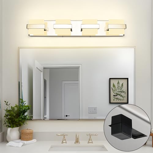 Image of SOLFART Chrome Vanity Lights for Bathroom Above Mirror,4 Light Bathroom Light Fixtures, LED Lighting Fixture, Nickel Vanity Light,5 Color Temperature Adjustable Light Over Mirror