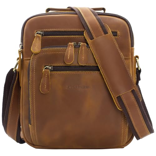 Jack&Chris Genuine Leather Messenger Bag for Men Vintage Handcrafted Crossbody Shoulder Bag with Adjustable Straps Durable Man Purse Crossbody Bags for Daily Business Travel Brown