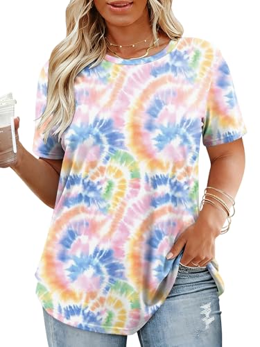 Image of VISLILY Plus-Size-Tops for Women Casual Short Sleeve T Shirts Trendy Tie Dye Crewneck Tees Comfy Loose Fit Tunics XL-5XL