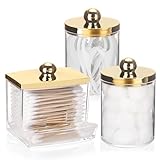 Tbestmax 10oz Cotton Ball Holder 7oz Qtips Dispenser, Bathroom Container Organizer for Storage Cotton Swabs, Pads - Apothecary Jar with Gold Lids