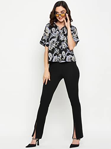 Image of Fashfun Women's Shirt (Floral Pink Crepe Top with Mandarin Collar & Full Sleeve)