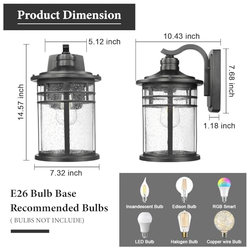 Image of Darkaway 2 Pack Large Outdoor Porch Lights Wall Mount, 15inch Outdoor Light Fixtures Sconces Wall Lighting with Seeded Glass Exterior Lights for Patio Yard House Hallway Doorway Garage
