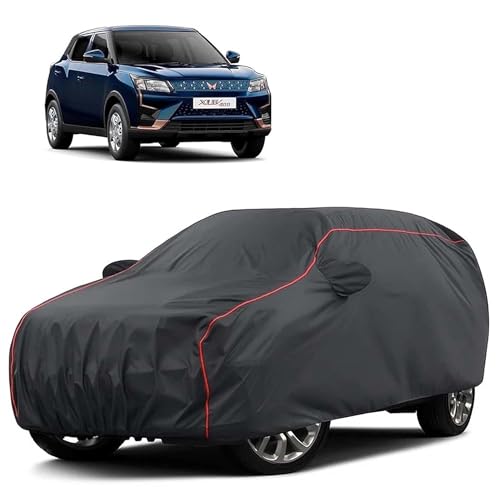 Image of Sulfar 100% Water Resistant Car Body Cover Compatible with Mirror for Mahindra XUV 400 (Triple Stitched, Full Bottom Elastic, Dark Grey Tafetta with Red Piping)