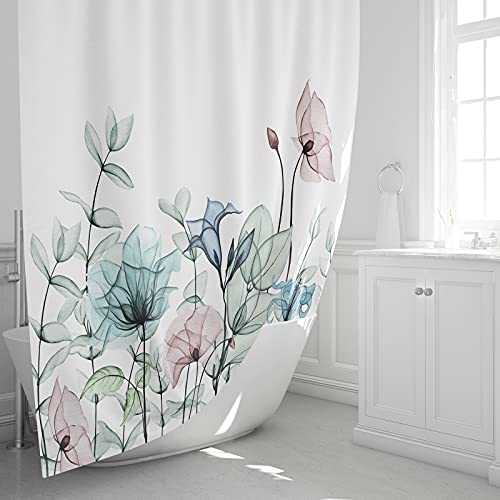 JOYMIN Watercolor Floral Shower Curtain Set with 12 Hooks, Multi-Color, 72x72 Inch