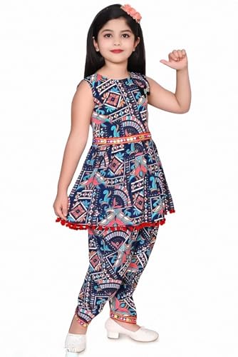 Image of Girls Ethnic Kurti and Dhoti Pant Set - Sleeveless Printed Outfit with Pom-Pom Hem | Dress for Kids