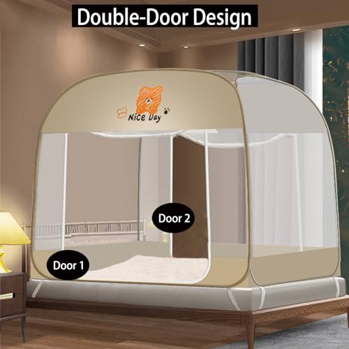 Image of CMINGJ Mosquito Net for Bed, Portable pop up Mosquito Netting with Bottom, Free Installation-Suitable for Bedroom, Camping, Folding Portable Design for Baby Adults (Orange Bear) L79 x W71 x H61
