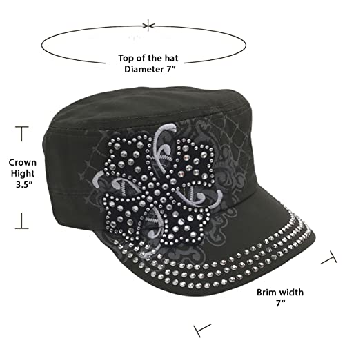 Silverfever Women's Military Cadet Cap Hat - Patch Cotton - Studded & Embroidered (Black, Short Cross) #TOP4