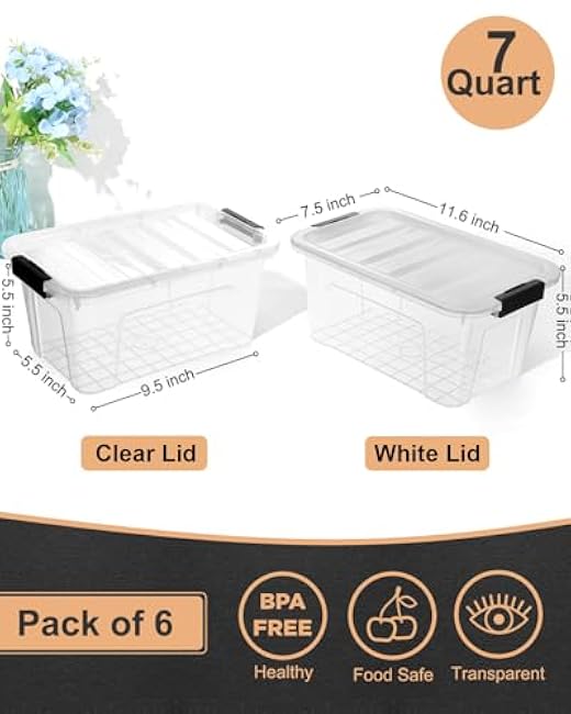 Plastic Storage Bins with Lids 6 Pack, 7 Quart Storage Containers With Black Buckle Latch, Stackable Storage Organizers for Home Pantry Office Classroom Organization, Clear