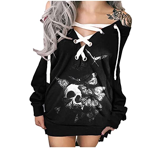 5665 Christmas Dresses for Women Off The Shoulder Tshirt Dress,Sexy Lace Up Long Sleeve Fall Drawstring Casual V Neck Dress Black