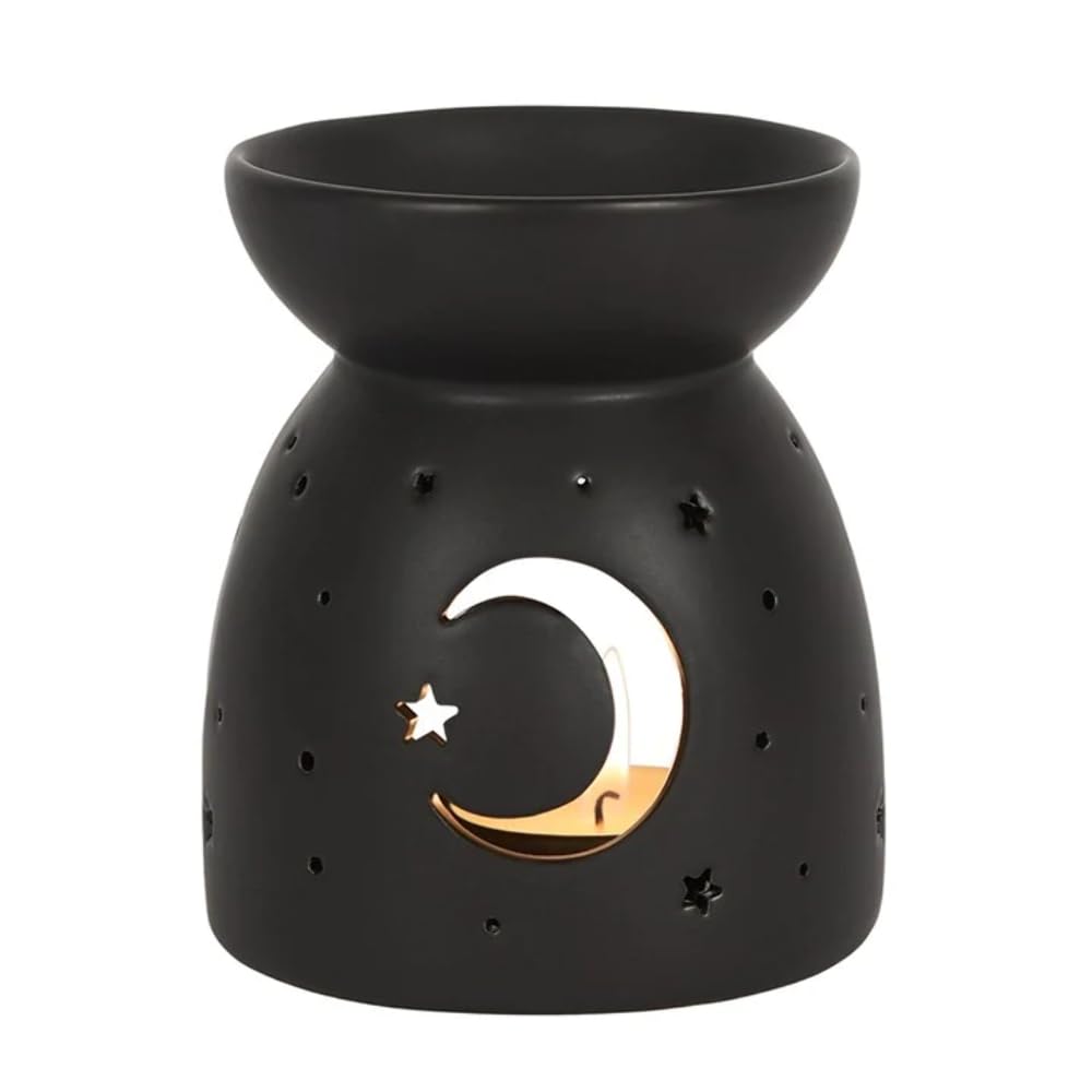 something different Mystical Crescent Moon & Stars Cut-Out Design Black Ceramic Oil Burner - 10.5cm x 9.5cm (1 Pc.) - Premium Quality Material - Ideal for Aromatherapy, Home Decor Accent & Gift